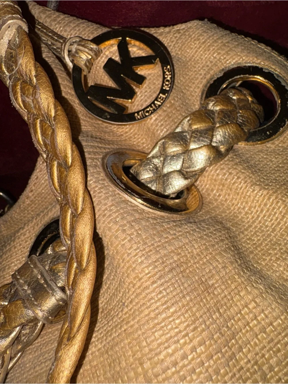 Michael Kors Tan Braided Tassel Hobo with Gold-Tone MK Charm- Vintage